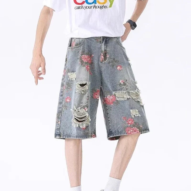 2025 Mens Rose Print Distressed Denim Shorts Summer Baggy Ripped Jeans Five Inch Cargo Shorts Y2K Streetwear Vintage Hip Hop