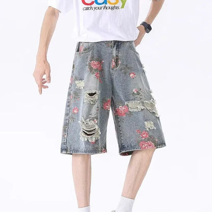 2025 Mens Rose Print Distressed Denim Shorts Summer Baggy Ripped Jeans Five Inch Cargo Shorts Y2K Streetwear Vintage Hip Hop