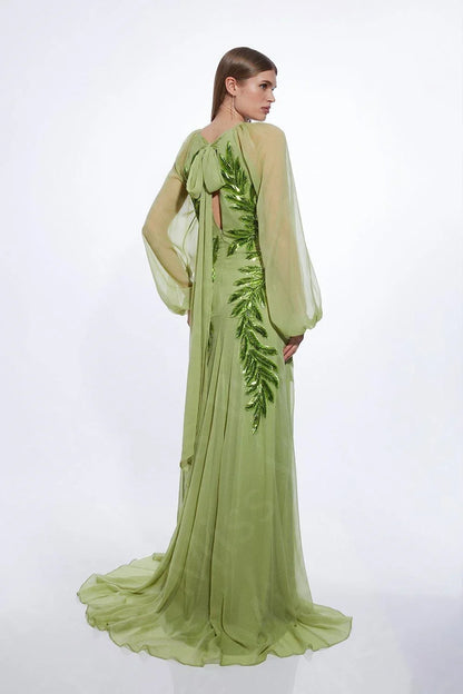 Customized Latest Sage Evening Dresses 2025 Arabic Round Neck Prom Party Gowns Puffy Long Sleeves Wedding Guest Dresses Feathers