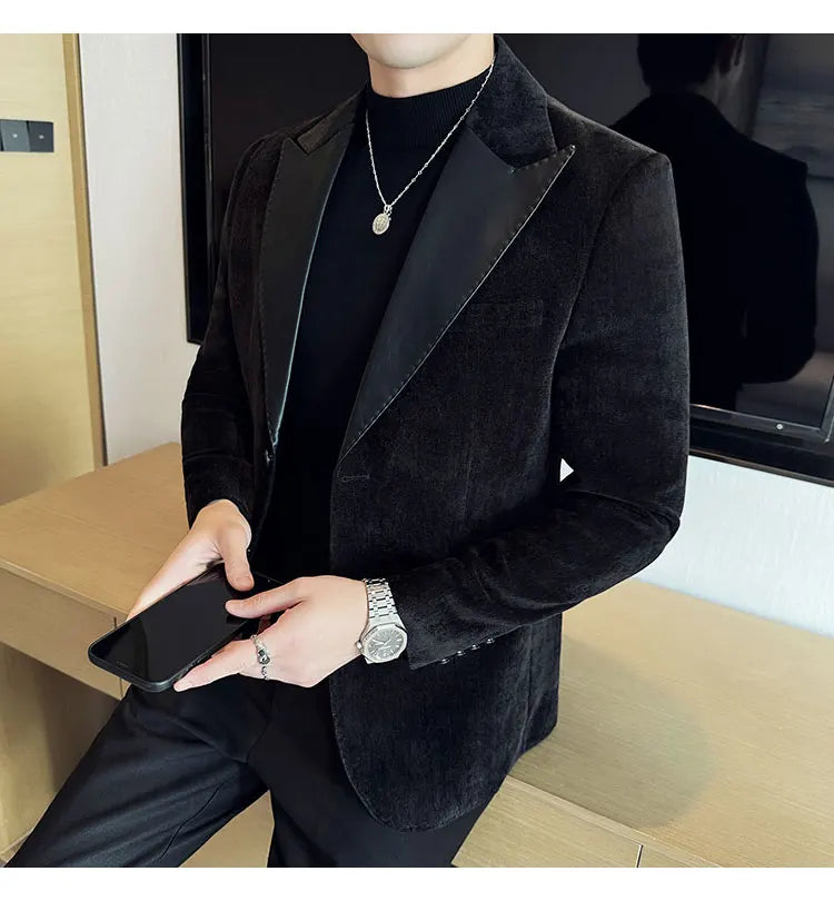 Splicing Leather Neck Fashion Suit Jacket Luxury Men's Business Slim Fit Social Formal Blazers Coats Wedding Groom Tuxedos 5XL-M