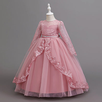 Long Sleeve Baptism Bridesmaids Party Girl Dresses Tulle Wedding Costumes Elegant Flower Princess Dress Girls Birthday Prom Gown