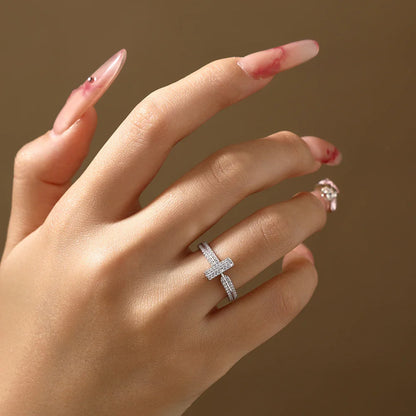 925 Sterling Silver Moissanite T-Bar Ring Double Band Paved Luxury Design Rings for Women Engagement Party Jewelry Gift