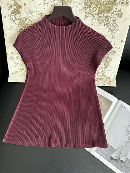 Miyake Versatile Classic Simple Solid Color Stand Up Collar Pleated Top Women Slim Slim Short Sleeve Miyake T-shirt Summer 2025