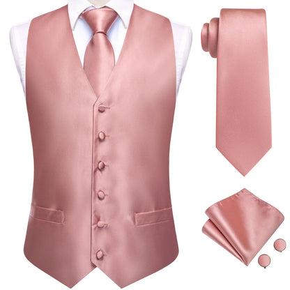 Wedding Coral Pink Mens Vest Silk Tie Set Adjustable Jacquard Waistcoat Jacket Necktie Hanky Cufflinks Formal Party Gifts