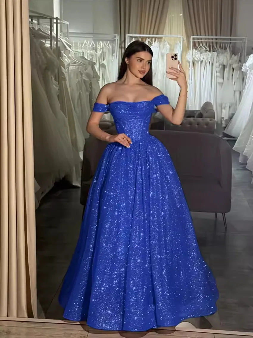 Customized Moden Prom Dress 2026 Glitter Tulle Off the Shoulder Wedding Party Dress Boat-neck A-line Floor-Length Evening Gowns