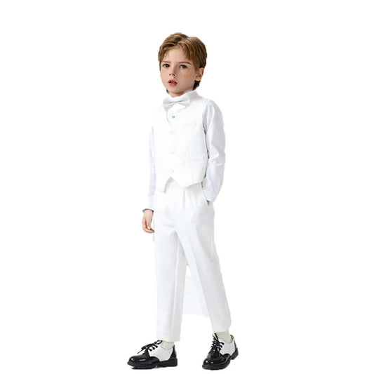 British Kids Summer White 3Pieces/Set Vest Pants Bowtie Photograph Suit Children Stage Performance Suit Boys Wedding Costume