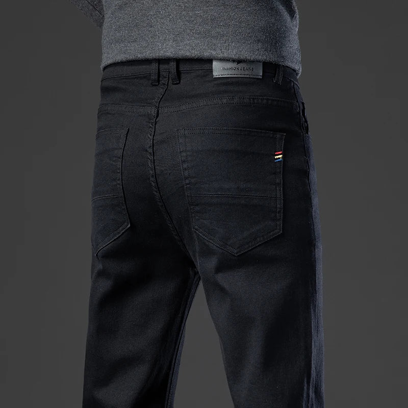 2024 Brand Thin or Thick Material Straight Cotton Stretch Denim Men's  Business Casual High Waist Light Grey Blue Jeans