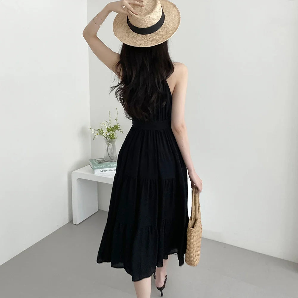 Korean Style Summer Slimming Necktie Waist Cinched Sleeveless Vest Long Dress Women's Fashionable Commute Style Inner Wear