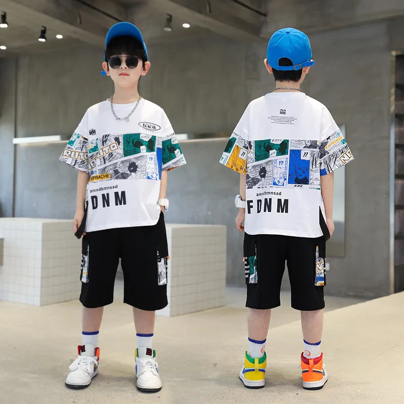 Summer Boys Cotton Alphabet Picture Printed T-Shirt Tops+Shorts School Kids Tracksuit Children 2PCS Outfit Workout Set 3-16 Yr