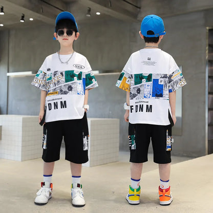 Summer Boys Cotton Alphabet Picture Printed T-Shirt Tops+Shorts School Kids Tracksuit Children 2PCS Outfit Workout Set 3-16 Yr