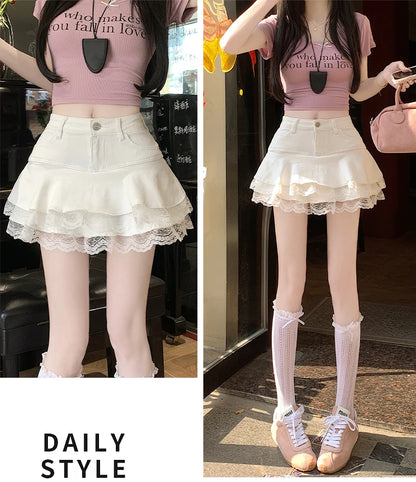 2025 Summer Mini Y2K Denim Skirt Women Fashion Streetwear Ruffles Kawaii Lace Skirts Shorts Preppy School Pleated Jeans Skirt