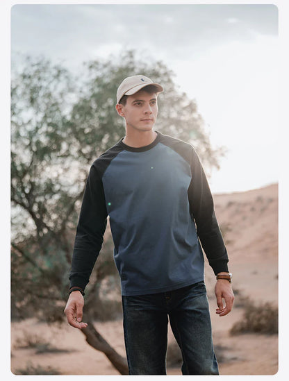 2026 Spring New 240g/sm Sorona Fabric Long Raglan Sleeve T-shirts Men Contrast Colors Tops