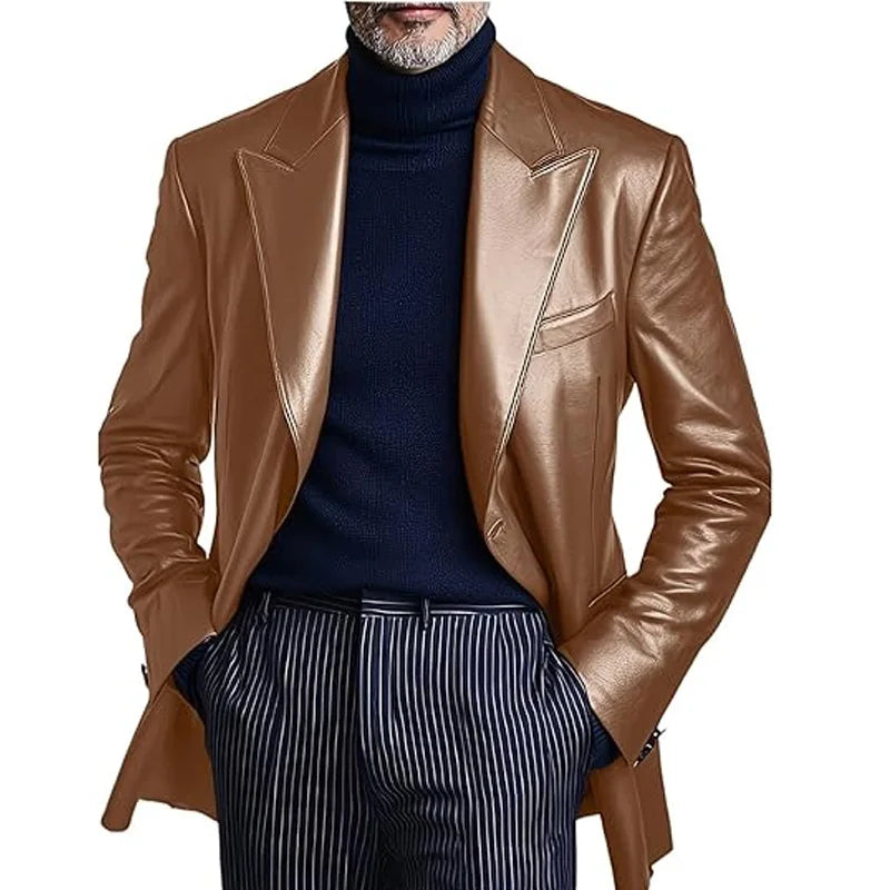 Men's Dress Leather Jacket Burgundy Luxury Slim Fit Notchde Lapel Flap Pocket Retro Soft Sport Coat For Business Casual