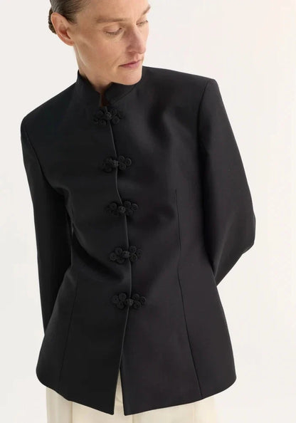 Women's Spring Summer Mandarin Collar Knot Button  Blazer Elegant Office Casual Formal 2026 Trendy Feminine Fashion Blazer