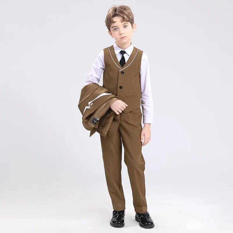 Children Spring Khaki Vest Shirt Pants Tie Photograph Suit Boys Formal Ceremony Tuxedo Dress Kids Wedding Performance Costume