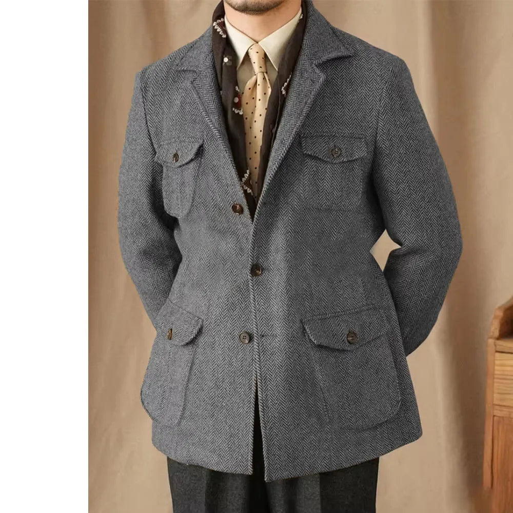 Hunting Multi-pocket Suit Jacket British Men's Retro Sport Coat With Belt Herringbone Business Causal Lapel Suit Blazers Tuxedos