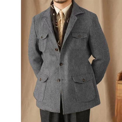 Hunting Multi-pocket Suit Jacket British Men's Retro Sport Coat With Belt Herringbone Business Causal Lapel Suit Blazers Tuxedos