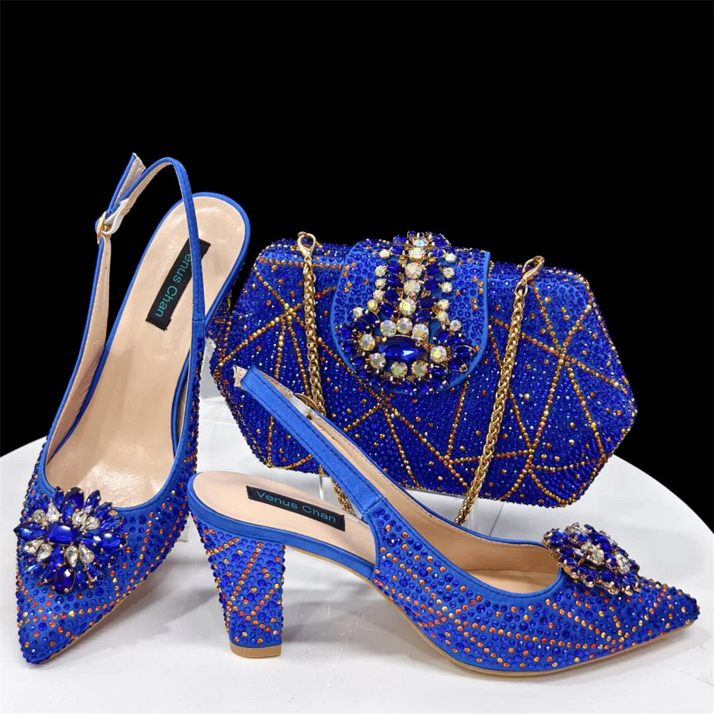 Elegant Woman Heel Shoes INS Style Pointed-Toe Rhinestone Pumps African Ladies Italian Shoe and Bag Set Designer 2024