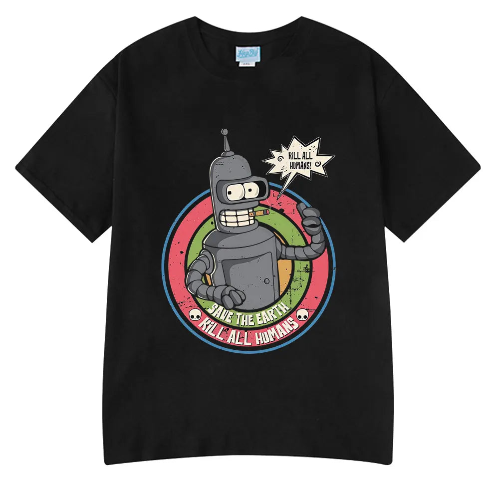 Funny Save The Planet Kill All Humans Robot Graphic Print T Shirt Men's Women Fashion Short Sleeve T-shirt Oversized Cotton Tees