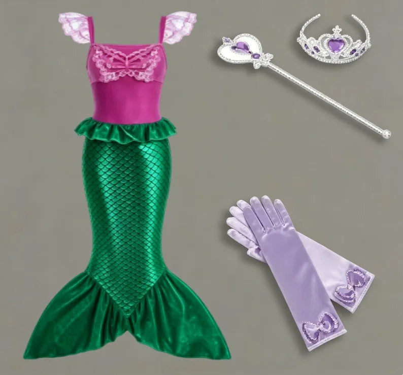 2025 Girls Mermaid Dress Princess Cosplay Party Costumes Summer Purple Elegant Flying Sleeve Fancy Dresses For 2-10Y Kids