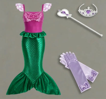 2025 Girls Mermaid Dress Princess Cosplay Party Costumes Summer Purple Elegant Flying Sleeve Fancy Dresses For 2-10Y Kids