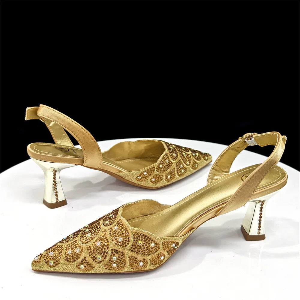 2026 New Shiny Italian Fashion Pointed Toe Women Heel Fashion Rhinestone Decoration Peach Color Shoes And Bag Set