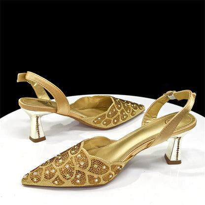 2026 New Shiny Italian Fashion Pointed Toe Women Heel Fashion Rhinestone Decoration Peach Color Shoes And Bag Set