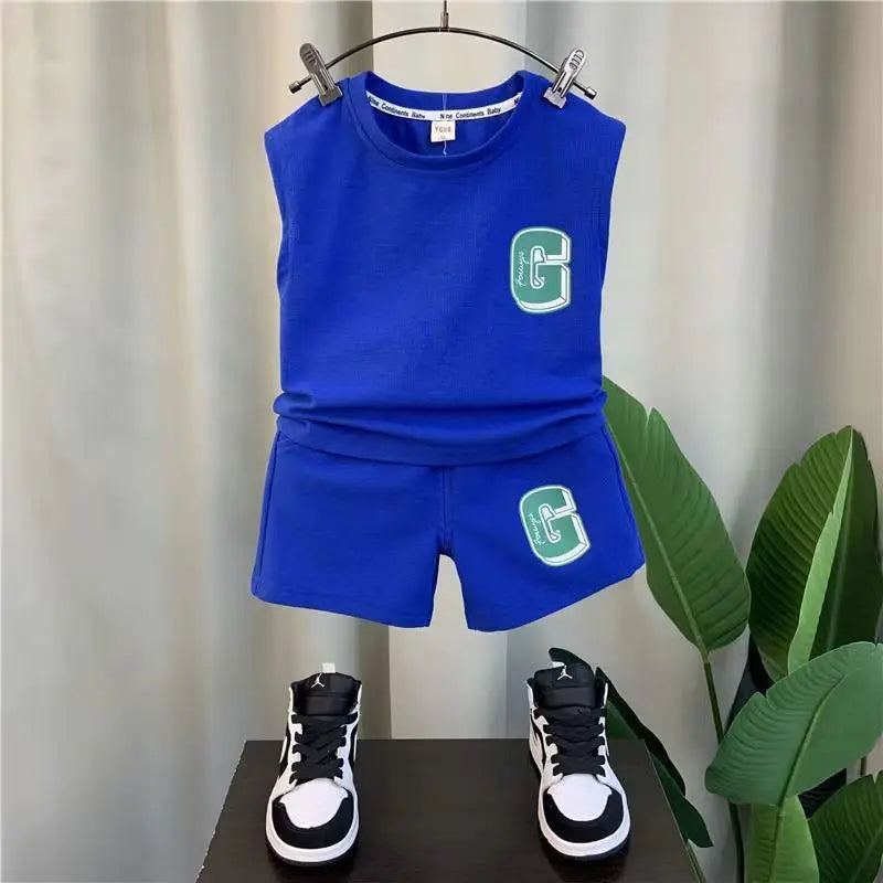Summer Children Boys 2PCS Clothes Set Cotton Letter Bear Sleeveless Tops Tee Suit Thin Cool Sporty Shorts Kid Babys Boys Outfits