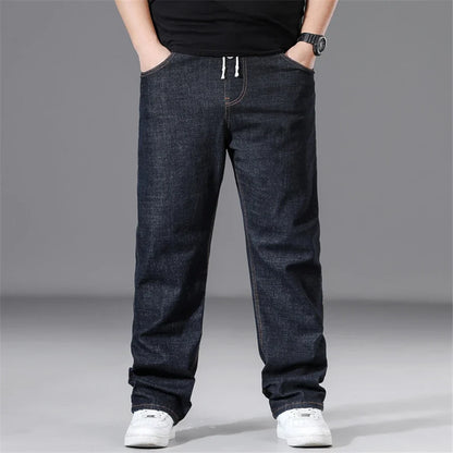 8XL Plus Size Jeans Men Solid Color Denim Pants Male Fashion Casual Baggy Jeans Elastic Waist Straight Pants