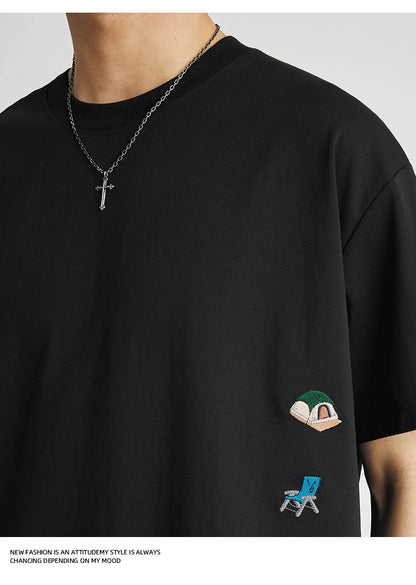 Men's American Retro Short-sleeved T-shirt Men's 2026 Summer New Loose Half-sleeved Embroidered Round Neck Bottoming Shirt