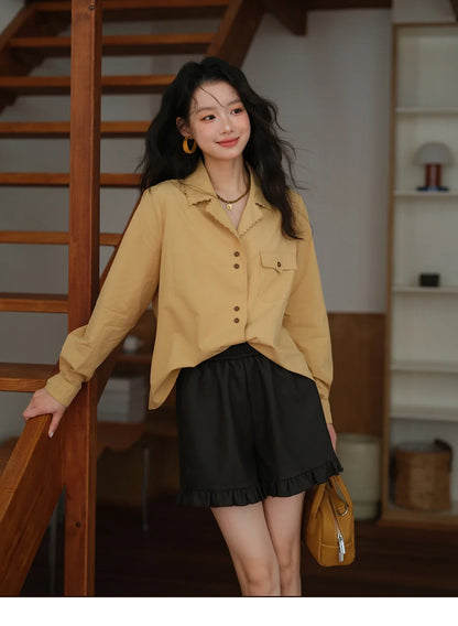 Women's Retro Yellow Lapel Cotton Shirt 2025 Autumn Loose Casual Top Contrasting Button with Pocket Shirts MXE41C2356