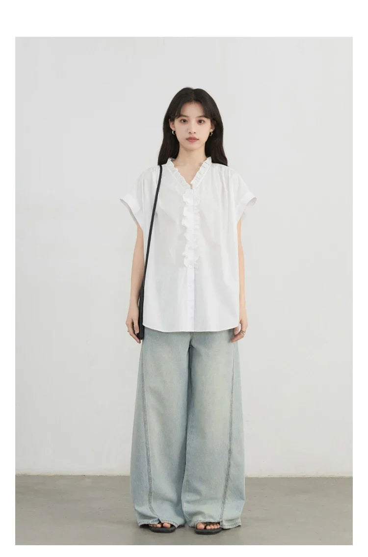 Women Shirts Loose Casual Cotton Ruffled Edge White Short Sleeved Shirt Female Blouses for Woman Summer 2025