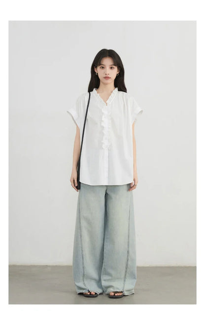 Women Shirts Loose Casual Cotton Ruffled Edge White Short Sleeved Shirt Female Blouses for Woman Summer 2025