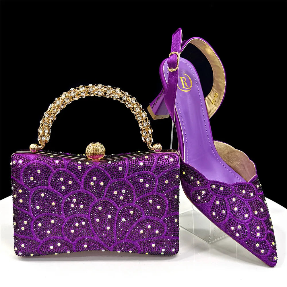 2026 Women's Blue Color Heels with Rhinestone Accents & Matching Bag Set - Elegant Italian Fashion Pointed Toe Design