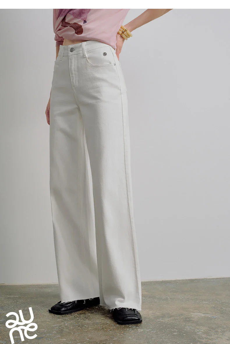 Women Jeans 2026 Spring New Black Label Lycra Stretchy White Frayed Cuff Loose Wide-Leg Pants