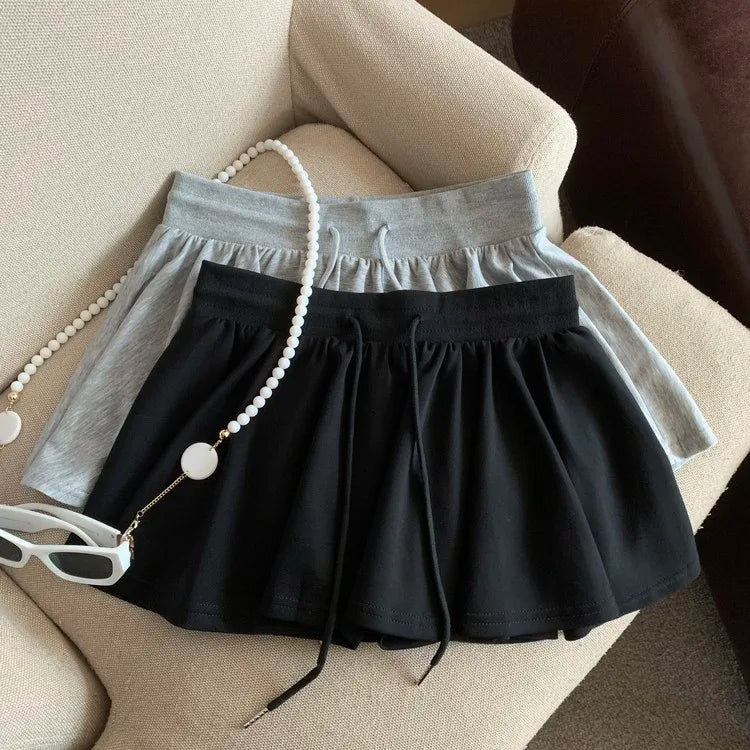 Summer Women Sports A Line Skirts for Women Summer High Waist Drawstring Solid Mini Skirts Female Sweet All Match Ballet Skirts