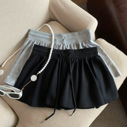 Summer Women Sports A Line Skirts for Women Summer High Waist Drawstring Solid Mini Skirts Female Sweet All Match Ballet Skirts