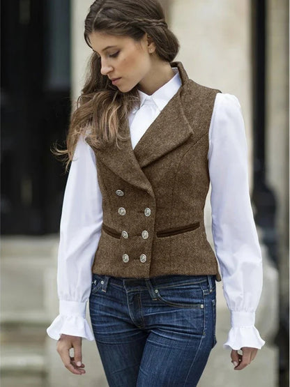 Women Vest Gray Fashion Vintage Herringbone Double Breasted Slim Fit Sleeveless Jacket Suits Profession Casual Work Vest Women