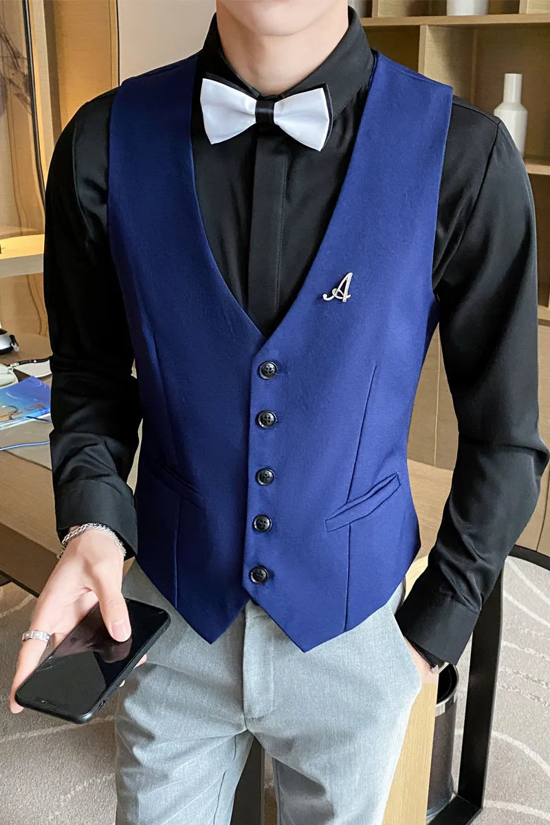 Top Quality Men's Business Casual Slim Vest Fashion Designer Men Classic Solid Color Single Breasted Sleeveless Vest Size 5XL-M