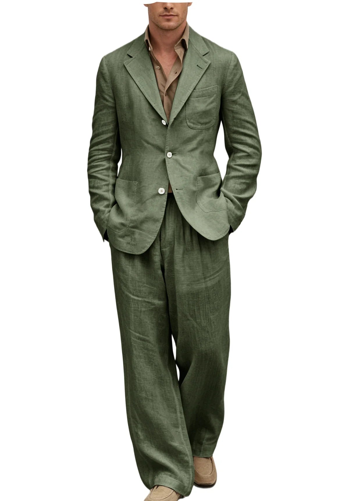 Men's Linen Suit 2 Pieces Set Casual Blazer & Wide Leg Pants Notch Lapel Breathable Wedding Business Party Jacket Tuxedo Summer