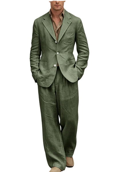Men's Linen Suit 2 Pieces Set Casual Blazer & Wide Leg Pants Notch Lapel Breathable Wedding Business Party Jacket Tuxedo Summer