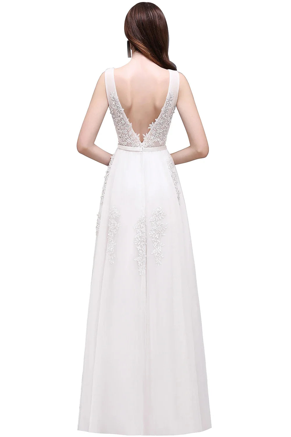 Women Burgundy Evening Dress Lace Appliques Tulle V-Neck Sexy Backless Prom Dresses A-Line Floor-Length Sleeveless Party Vestido