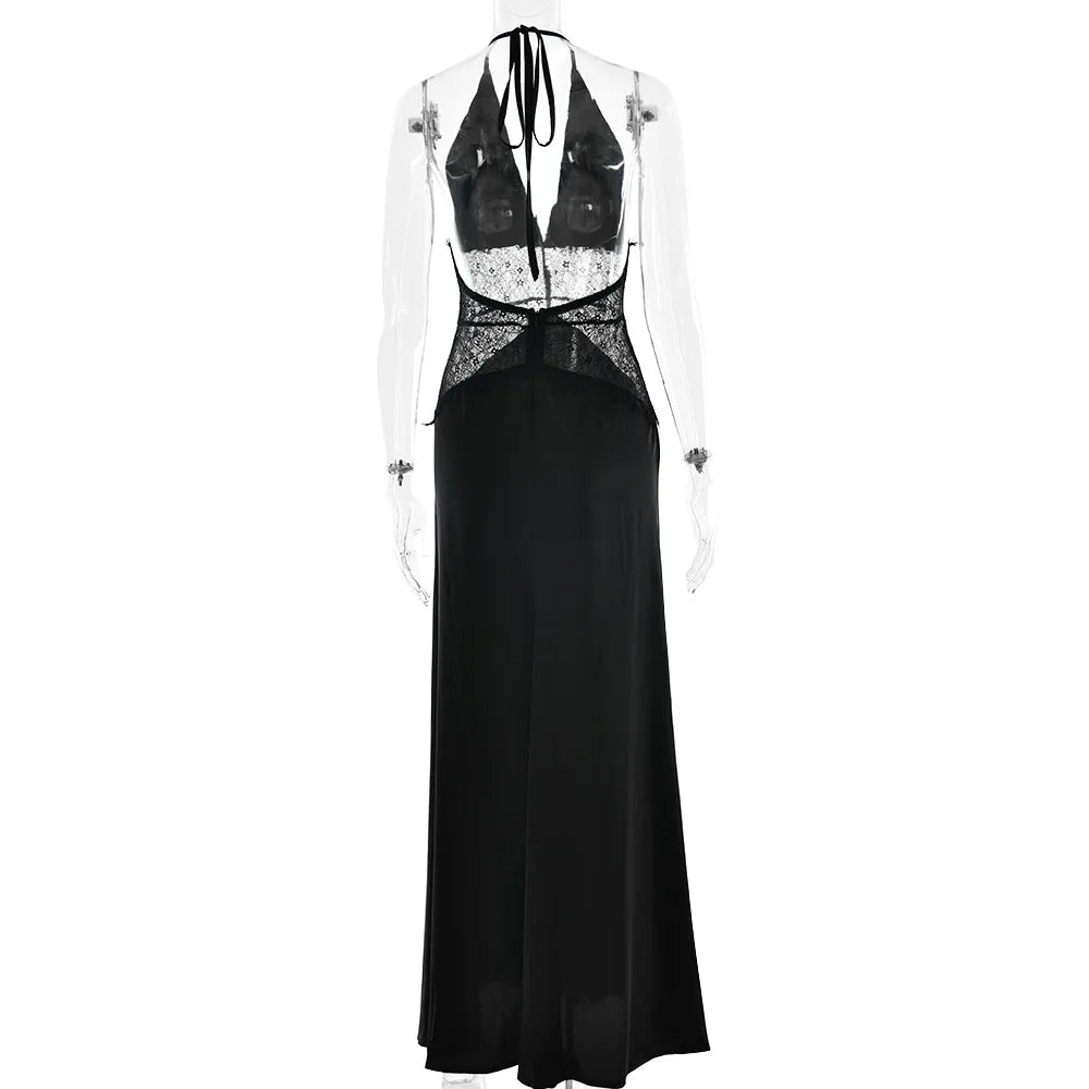 Sexy Deep V-neck Backless Lace Patchwork Satin Dresses for Women 2026 Summer Halter Sleeveless Long Maxi Party Evening Dress