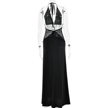 Sexy Deep V-neck Backless Lace Patchwork Satin Dresses for Women 2026 Summer Halter Sleeveless Long Maxi Party Evening Dress