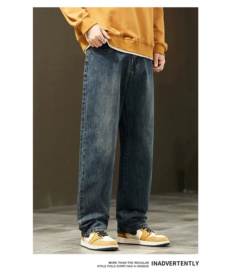 Thick Vintage Jeans Men's Winter Straight Warm Fleece Baggy Thermal Denim Trousers Fashion Korean Wide Male Plush Pants
