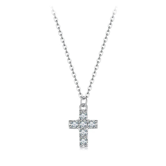 White Gold Plated Moissanite Cross Necklace for Women, 925 Sterling Silver Small Religious Faith Cross Necklace Xmas Gift