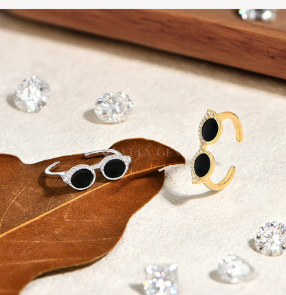 Cool Mini Glasses Moissanite Ring for Woman S925 Sterling Silver Adjustable Band Couple Open Rings Party Jewelry Gifts