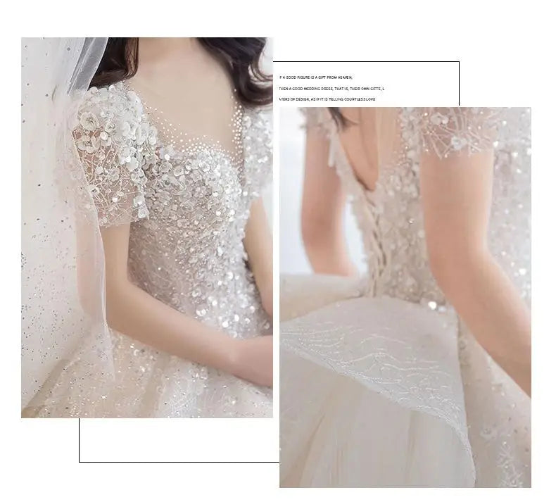 Luxury Short Sleeve Wedding Dress 2026 New Bridal Dress V Neck Beading Shinning Ball Gown Sweep Train Vestido  Noiva Customized