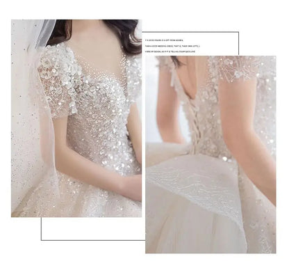 Luxury Short Sleeve Wedding Dress 2026 New Bridal Dress V Neck Beading Shinning Ball Gown Sweep Train Vestido  Noiva Customized
