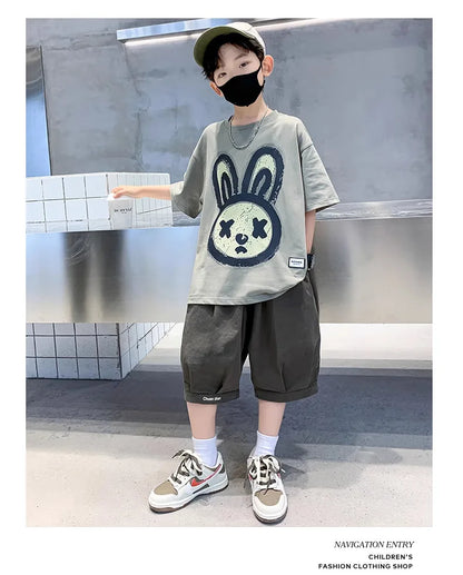 Summer Boys Cotton Leisure Cartoon Print T-Shirt Top+Shorts Pant Set School Kids 2PCS Tracksuit Children Vacation Outfit 5-16Yr